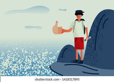 Explorers Man standing on top of mountain, cliff and sea. He is thumbs up for success on target.  vector illustration flat design.