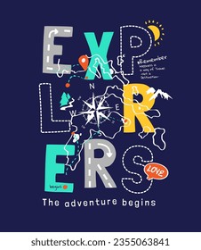 explorers slogan with advecnture map cartoon illustration for boy fashion print