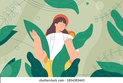 Explorers, Travelers In The Jungle Large Green Leaves. Woman Enjoy A Picturesque Landscape Of Plants. Concept Of Discovery, Exploration, Hiking, Adventure Tourism And Travel.