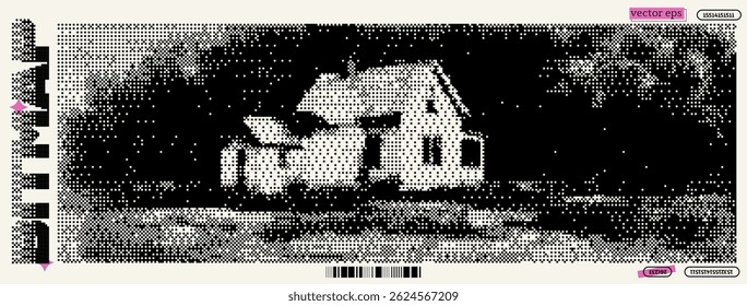 Exploring the aesthetic of bitmap art through a pixelated farmhouse in a y2k style landscape