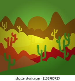 Exploring Africa. Mountains. Desert trip. Back to nature. Birds. Design on green, yellow and brown colors. Extreme tourism and traveling. Vector illustration. Sands. Horizon line with sky.