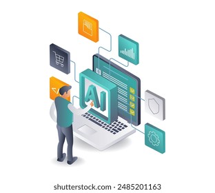 Exploring AI Computer Applications isometric illustration