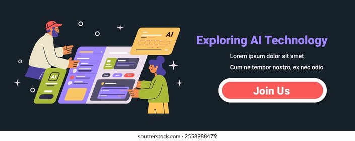 Exploring AI Technology concept with people interacting with AI interfaces dark background futuristic design website banner