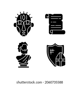 Exploring ancient lives black glyph icons set on white space. Ritual masks. Manuscripts. Sculpted philosopher bust. Knight armor. Historical records. Silhouette symbols. Vector isolated illustration