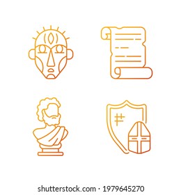 Exploring ancient lives gradient linear vector icons set. Ritual masks. Manuscripts. Sculpted philosopher bust. Thin line contour symbols bundle. Isolated vector outline illustrations collection