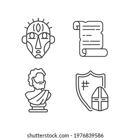 Exploring ancient lives linear icons set. Ritual masks. Manuscripts. Sculpted philosopher bust. Customizable thin line contour symbols. Isolated vector outline illustrations. Editable stroke