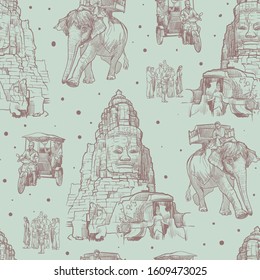 Exploring Angkor Wat on an Elephant back, tuk-tuk or by foot. Linear sketch seamless pattern. Vintage design. EPS10 vector