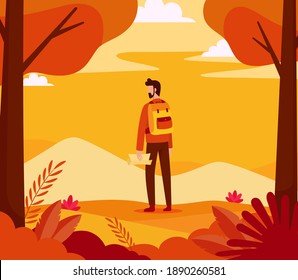 exploración del bosque otoñal, ilustración vectorial en estilo lineal plano, fondo otoñal, plantilla de diseño de tarjetas de felicitación