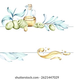 Exploring the beauty of olives and olive oil in watercolor illustrations inspired by Italian cuisine and nature frame, border, arrangement