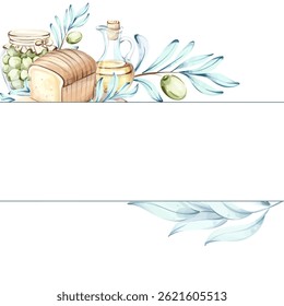 Exploring the beauty of olives and olive oil in vibrant watercolor illustrations of Italian cuisine frame, border, arrangement
