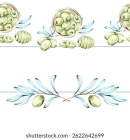 Exploring the beauty of olives and olive oil in watercolor illustrations inspired by nature and Italian cuisine frame, border, arrangement