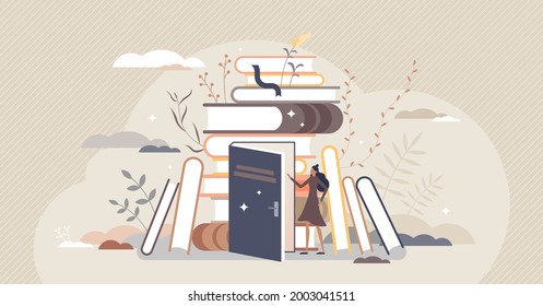 Exploring books and open education door to new knowledge tiny person concept. Reading hobby and relaxation with literature vector illustration. Expanding horizon and learning scene with novel pile.