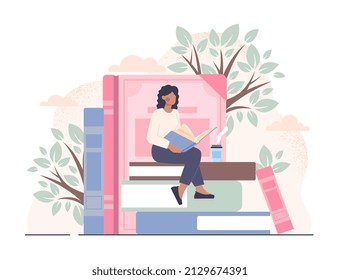 Exploring books and open education door to new knowledge. Young woman sitting on stack of books, reading literature and drinking hot coffee. Education and hobby. Cartoon flat vector illustration