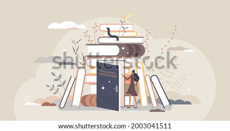 Exploring books and open education door to new knowledge tiny person concept. Reading hobby and relaxation with literature vector illustration. Expanding horizon and learning scene with novel pile.