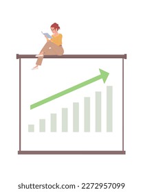 Explorar libros para ventas incrementando el concepto plano de la ilustración spot. Caricatura 2D editable sobre blanco para diseño web. Idea creativa de emprendedor exitoso para sitio web, aplicación móvil