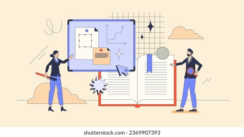 Exploring business strategies style and management tiny person concept. Retro style vector illustration with cooperative planning and businessman consulting process. Adviser work with consulting.