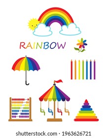 Explorando los colores del arcoiris. Juego educativo para niños. Caricatura de estilo plano. Ilustración del vector