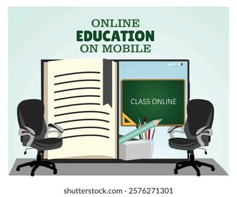 Exploring the concept of online education through mobile platforms, symbolized by an open book, chairs, and a virtual classroom on a mobile phone screen. Flat vector modern illustration 