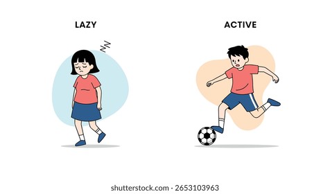 Explorando os estilos de vida contrastantes de crianças preguiçosas e ativas, apresentando diferentes personalidades e hábitos