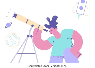 Erforschung des Kosmos im Kindheitskonzept. Neugieriger Junge steht mit Teleskop Mondoberfläche in der Nacht in seinem Schlafzimmer Vektorgrafik zu erkunden