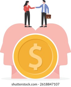 Explorando ideias criativas, dois empresários segurando uma lupa e um telescópio, respectivamente, para explorar a moeda de dólar dentro do cérebro

