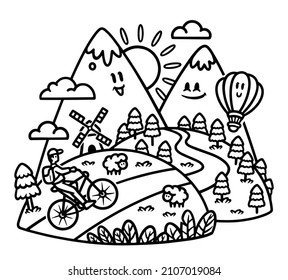 exploring cute mountain by cycling line illustration