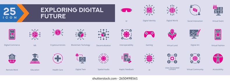 Explorando o futuro digital ícones coleção imagens vetoriais em estilo glifo tom duplo, contendo vários vr, identidades digitais, mundo digital, ícones
também pode ser usado para Web e aplicativos
