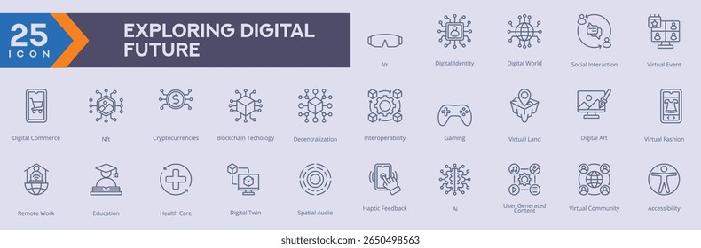 Explorando imagens vetoriais de coleção de ícones do Digital Future no estilo de contorno,
contendo vários vr, identidades digitais, mundo digital, interação social 
também pode ser usado para ícones da Web e de aplicativos

