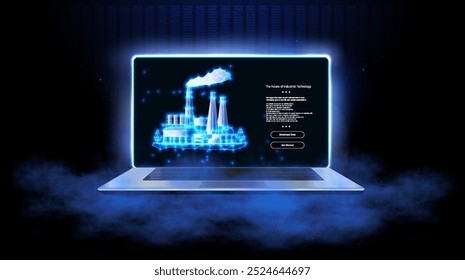 Exploring the digital landscape of industrial innovation with a futuristic laptop during late night hours