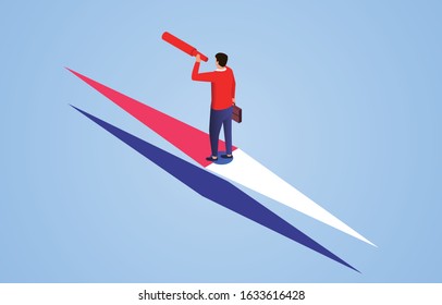 Exploring direction, businessman holding telescope standing on pointer