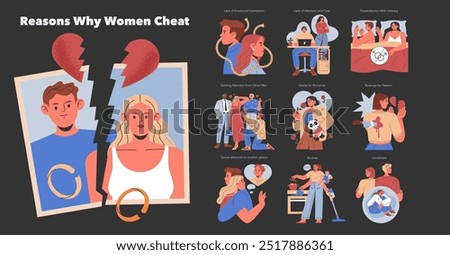 Exploring the diverse motivations behind infidelity, this illustration portrays the complex reasons why women may cheat in relationships. Vector illustration.
