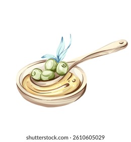 Exploring the flavors of olive oil and green olives in a watercolor illustration inspired by Italian cuisine