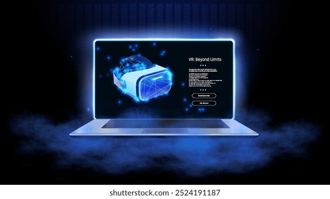 Exploring the futuristic world of virtual reality through an illuminated laptop screen surrounded by ethereal blue particles