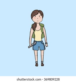 Exploring girl with a lamb and backpack. Vector illustration