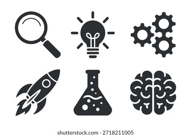 Explorando la innovación a través de ideas de investigación ciencia, tecnología y creatividad con varias ilustraciones simbólicas de alta calidad profesional