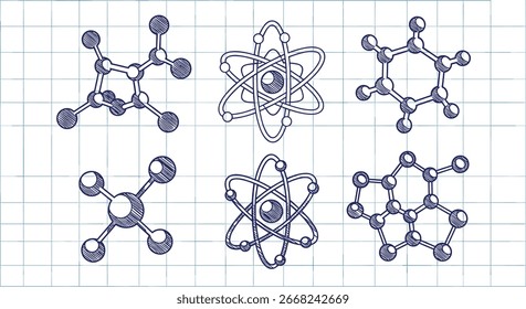 Explorar as intrincadas estruturas da química molecular e da ciência atômica através de diagramas científicos e plantas