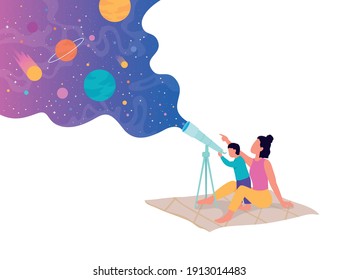 Exploring with kids flat color vector faceless character. Showing your children interesting things in outer space. Exploring stars isolated cartoon illustration for web graphic design and animation