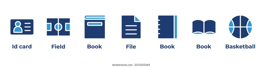 Exploring Knowledge and Passion Icons set vector illustration with Id card, Field, Book, File, Book, Book, Basketball