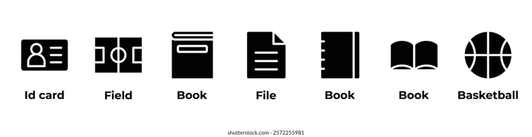 Exploring Knowledge and Passion Icons set vector illustration with Id card, Field, Book, File, Book, Book, Basketball