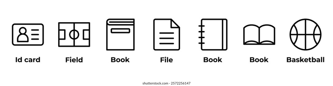 Exploring Knowledge and Passion Icons set vector illustration with Id card, Field, Book, File, Book, Book, Basketball