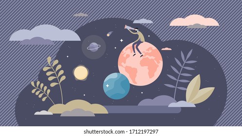 Exploring life vector illustration. Research lifestyle flat tiny person concept. Discover new exciting adventure or journey. Recreational planet or universe investigation. Future vision looking scene.