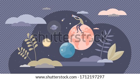 Exploring life vector illustration. Research lifestyle flat tiny person concept. Discover new exciting adventure or journey. Recreational planet or universe investigation. Future vision looking scene.