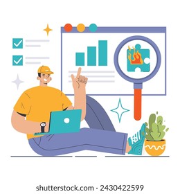 Exploring the Market Gap. Analyst studies charts on screen, identifying missing puzzle piece with magnifier. Dive deep into data-driven insights and opportunities. Uncovering business potential.