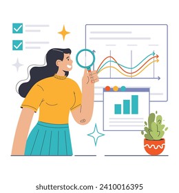 Exploring Market Trends. Analytical woman scrutinizes growth charts on a digital board, highlighting business performance and niche market movements. In-depth research. Flat vector illustration.