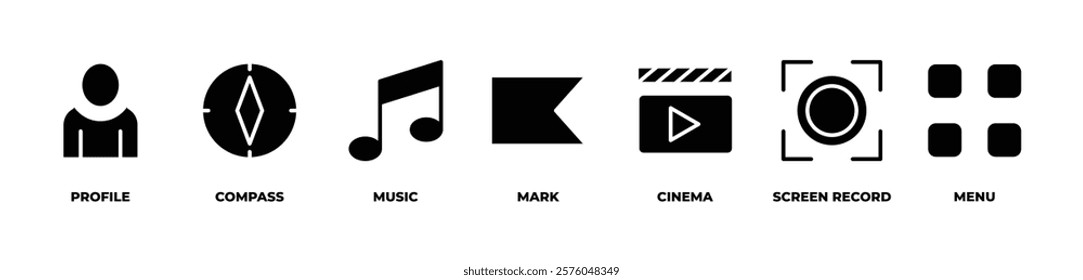 Exploring Music, Movies, and Moments icons set vector illustration with  profile, compass, music, mark, cinema, screen record, menu