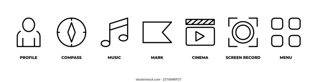 Exploring Music, Movies, and Moments icons set vector illustration with  profile, compass, music, mark, cinema, screen record, menu