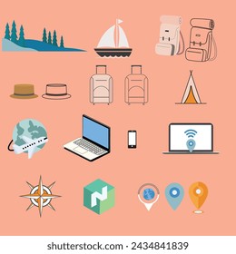 Exploring Nomadic Lifestyle: Vector Illustration Featuring Laptop, Desktop, Mobile, Boat, Backpack, and More. Perfect for Digital Projects and Travel-themed Designs