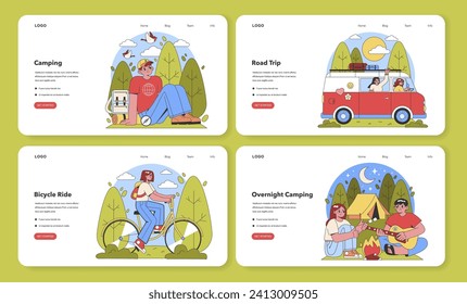 Exploring Outdoors set. Cozy campfire moments, joyful road trips, tranquil bicycle rides, relaxing fishing retreats. Captivating camping experiences. Flat vector illustration