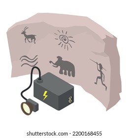 Exploring petroglyphs icon isometric vector. Cave rock painting and search light. Speleological equipment, history research