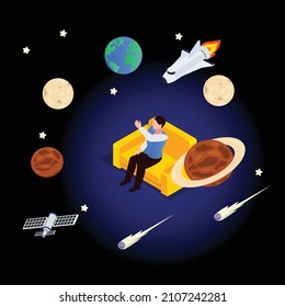 Exploring planet in metaverse from home isometric 3d vector concept for banner, website, illustration, landing page, flyer, etc.